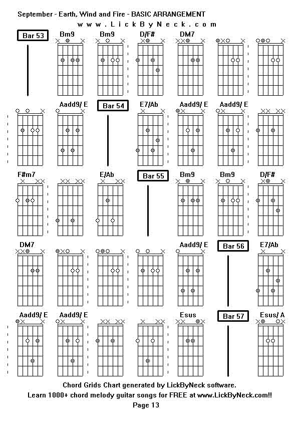 Chord Grids Chart of chord melody fingerstyle guitar song-September - Earth, Wind and Fire - BASIC ARRANGEMENT,generated by LickByNeck software.